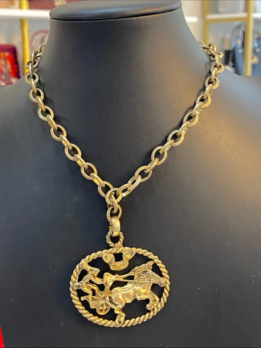 Vintage Horse Chariot Charm Bracelet Brass Tone Large Oval Ben-Hur Roman Style